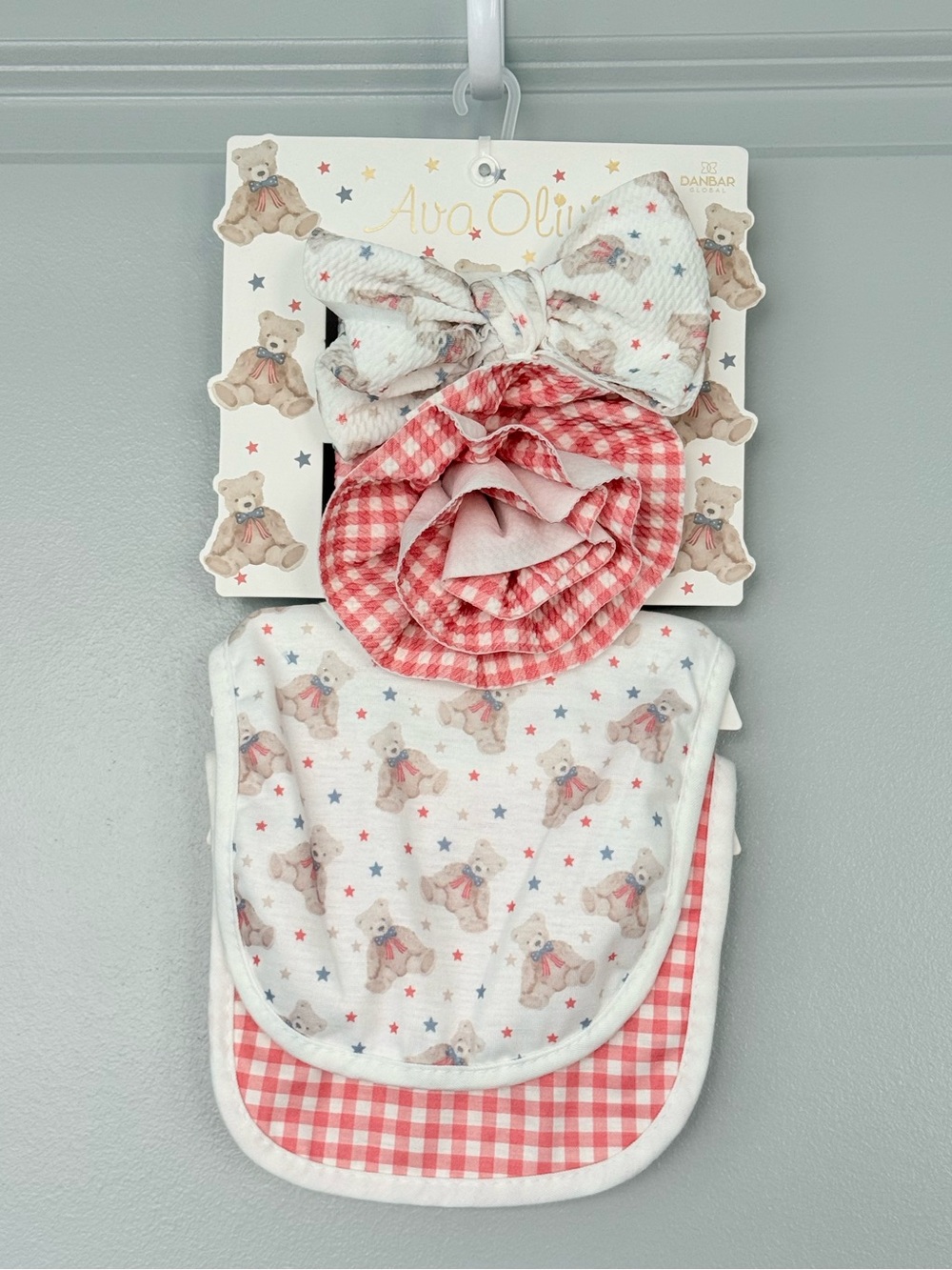 NWT Ava Olivia Red Gingham Teddy Bear Bib and Bow Set